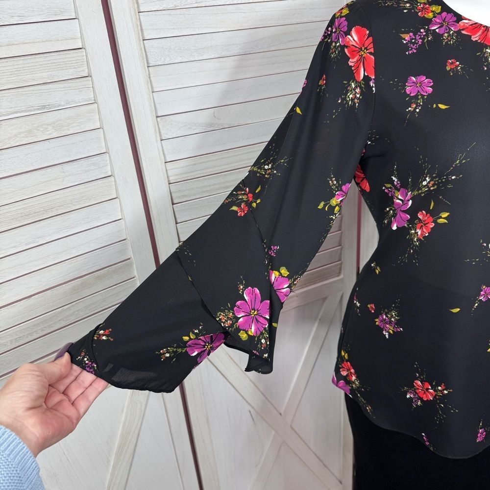 Worthington Boho Floral Blouse Tiered Ruffle‎ Bell Sleeve Black Pink Large - Picture 6 of 12